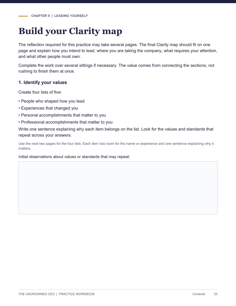 Actual workbook page: Build your Clarity map