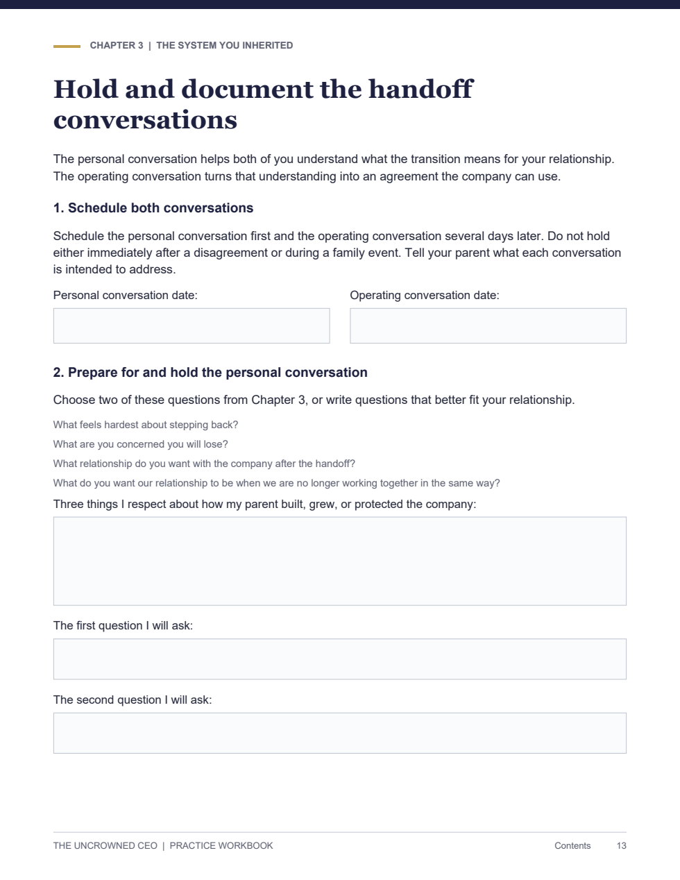 Actual workbook page: Hold and document the handoff conversations